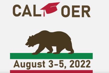 Cal OER conference logo of modified California bear from the state flag with red and green stripes below and Cal OER above with a graduation cap in between the Cal and OER