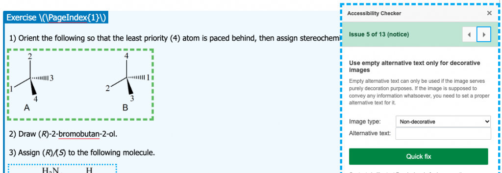 he Accessibility Checker reports an empty alt for an image and requests user input for a quick fix.