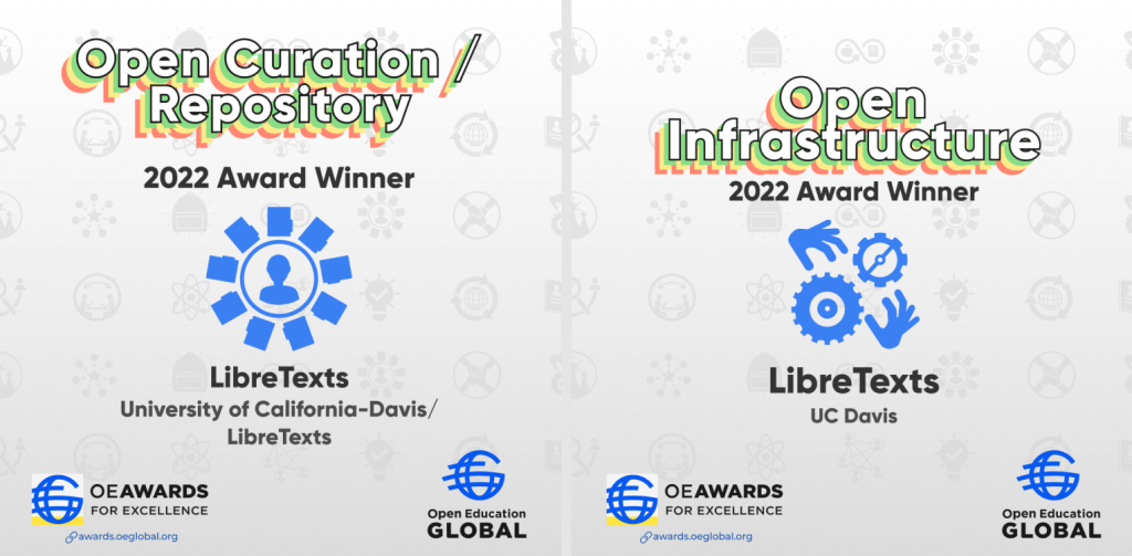 Graphics announcing LibreTexts awarded two OEGlobal Awards for Excellence for Open Curation/Repository for the LibreTexts site, and Open Infrastructure for the Remixer. 